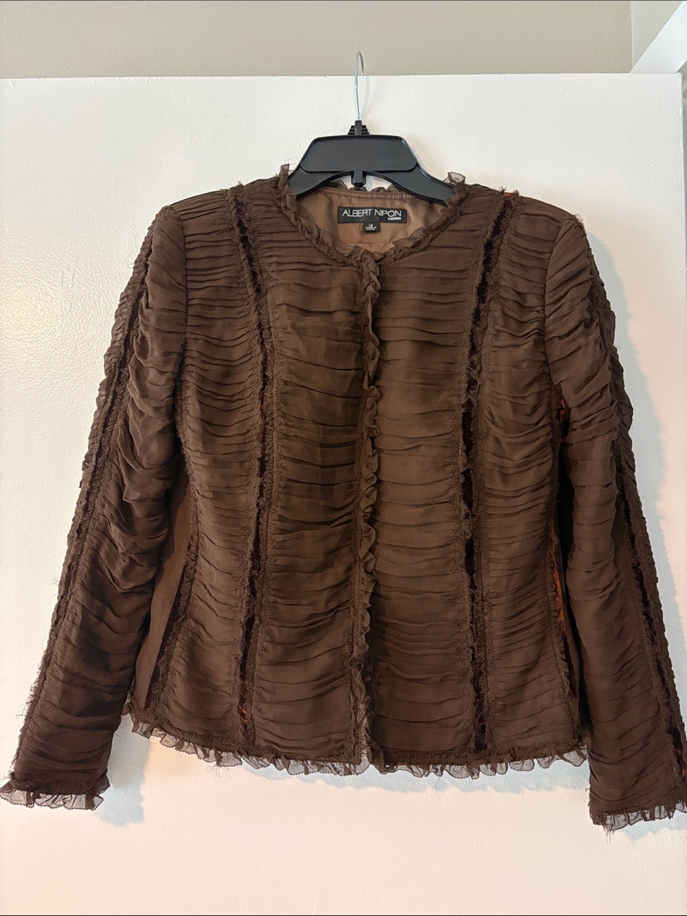 Albert Nipon Chocolate Brown SILK Ruffled Sheer Jacket-